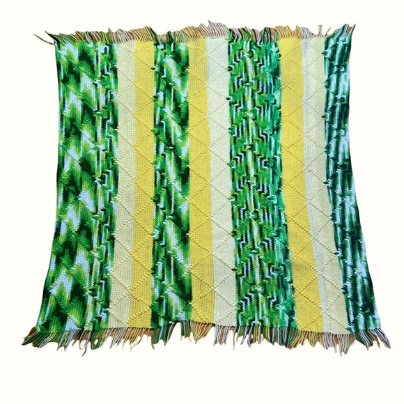 Vintage Handmade Crocheted Yellow, Green & White Striped Blanket With Fringe - Picture 1 of 9